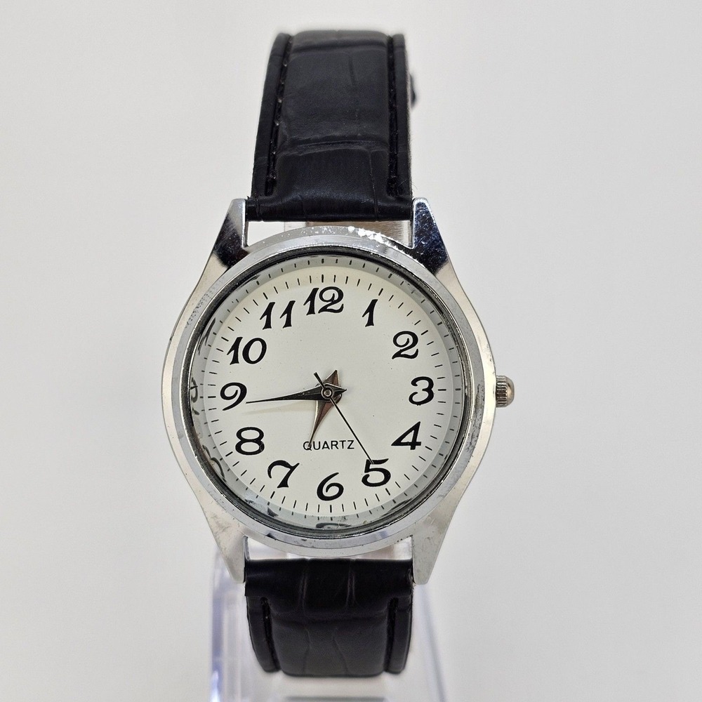 Women's Watch 36MM Easy Read White Dial‎ Black Leather Bands New Battery